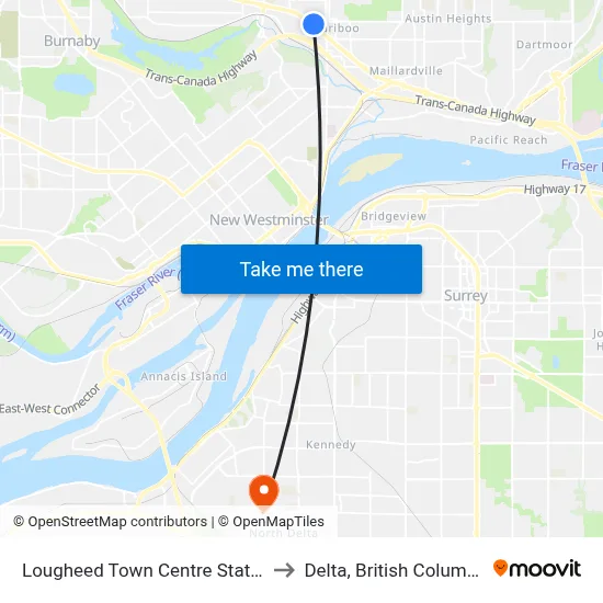 Lougheed Town Centre Station to Delta, British Columbia map