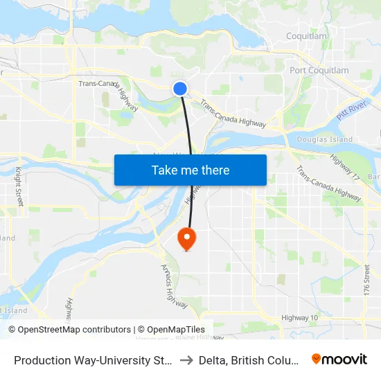 Production Way-University Station to Delta, British Columbia map