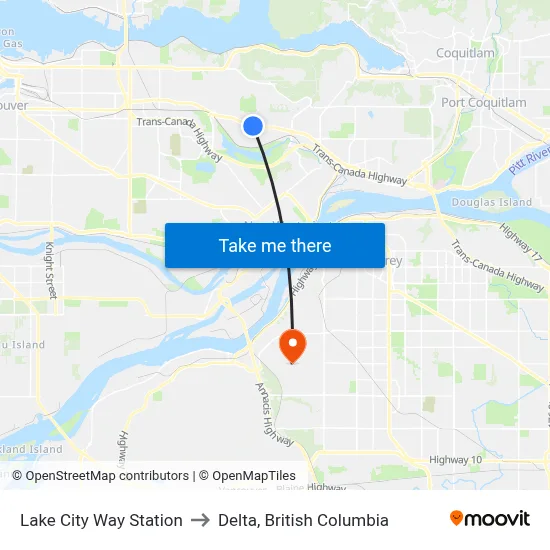 Lake City Way Station to Delta, British Columbia map