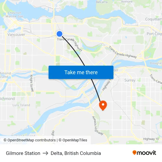 Gilmore Station to Delta, British Columbia map