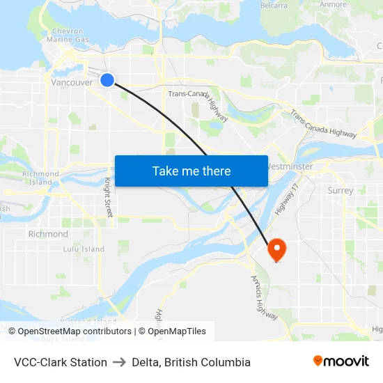 VCC-Clark Station to Delta, British Columbia map