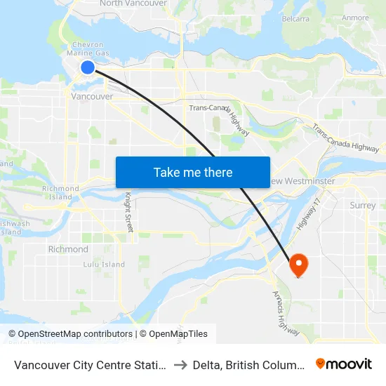 Vancouver City Centre Station to Delta, British Columbia map