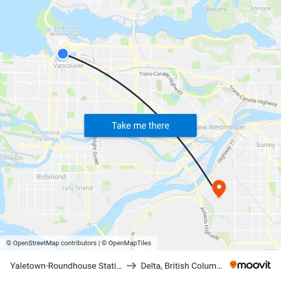 Yaletown-Roundhouse Station to Delta, British Columbia map