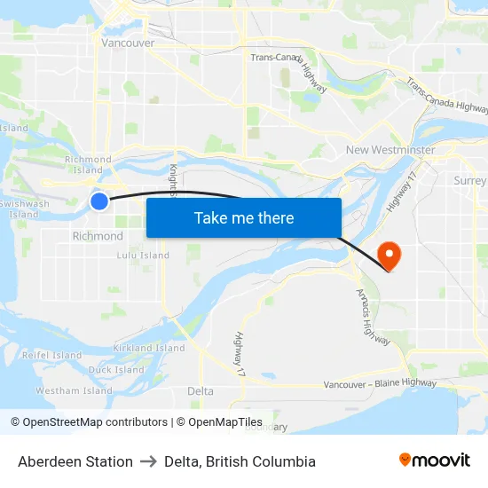 Aberdeen Station to Delta, British Columbia map