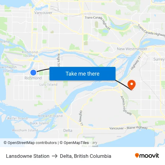 Lansdowne Station to Delta, British Columbia map
