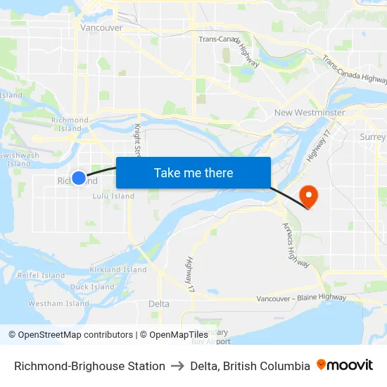 Richmond-Brighouse Station to Delta, British Columbia map