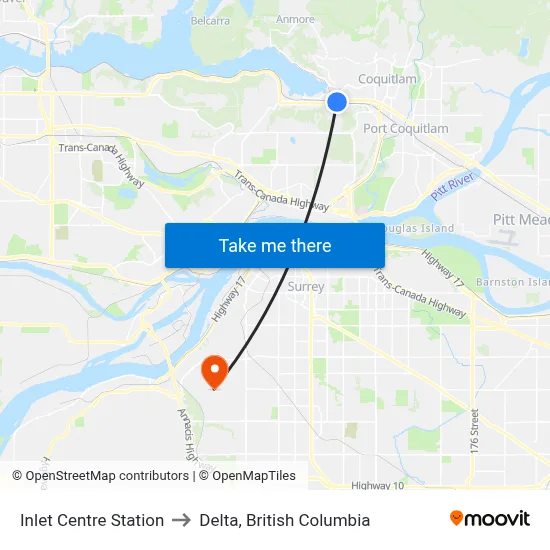 Inlet Centre Station to Delta, British Columbia map