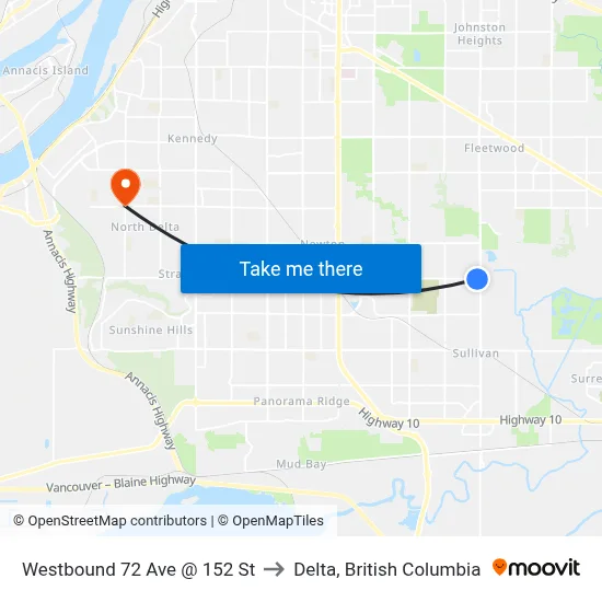 Westbound 72 Ave @ 152 St to Delta, British Columbia map