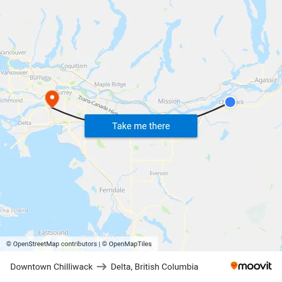 Downtown Chilliwack to Delta, British Columbia map
