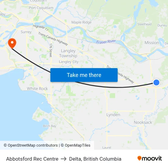 Abbotsford Rec Centre to Delta, British Columbia map