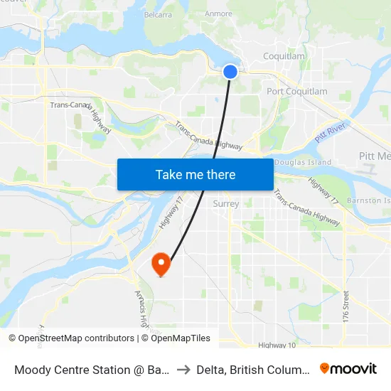 Moody Centre Station @ Bay 1 to Delta, British Columbia map