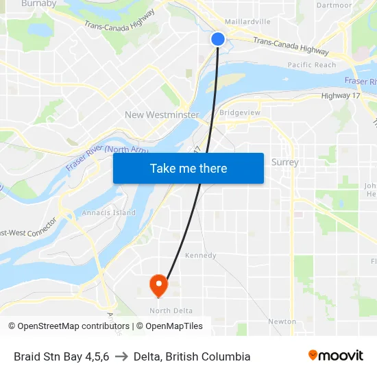 Braid Stn Bay 4,5,6 to Delta, British Columbia map