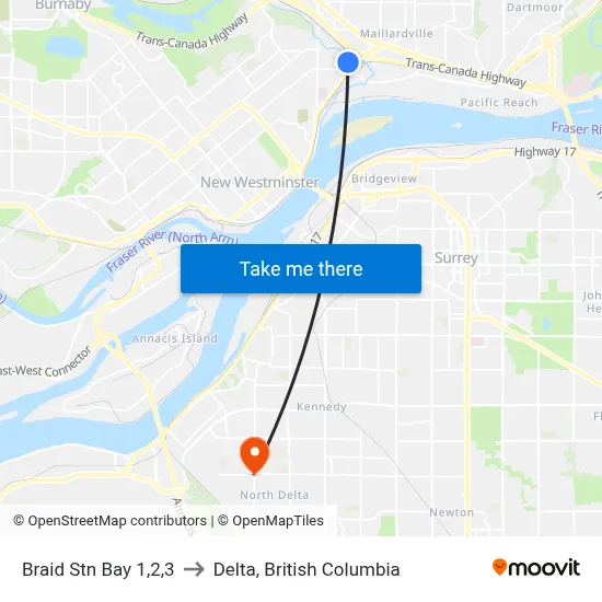 Braid Stn Bay 1,2,3 to Delta, British Columbia map