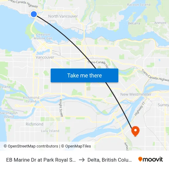 EB Marine Dr at Park Royal South to Delta, British Columbia map