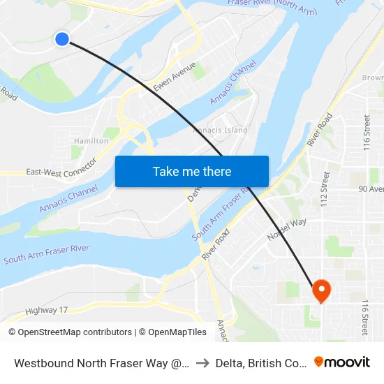 Westbound North Fraser Way @ Wiggins St to Delta, British Columbia map