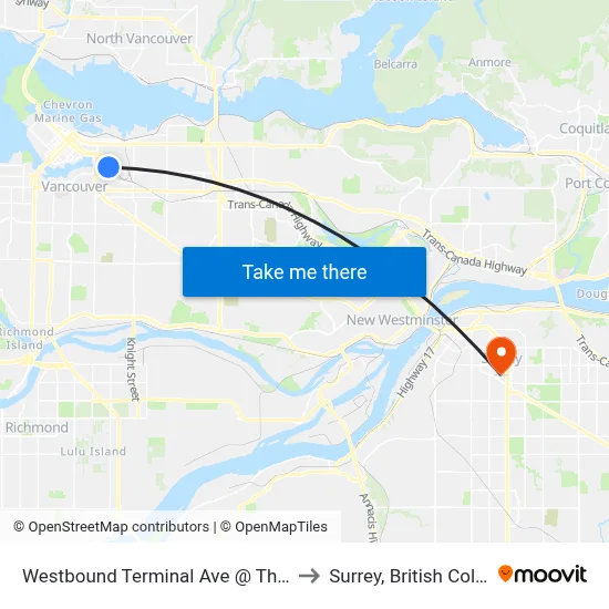 Westbound Terminal Ave @ Thornton St to Surrey, British Columbia map