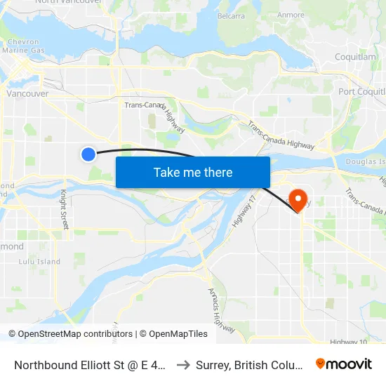 Northbound Elliott St @ E 49 Ave to Surrey, British Columbia map