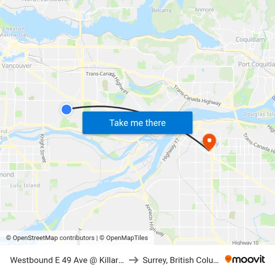 Westbound E 49 Ave @ Killarney St to Surrey, British Columbia map
