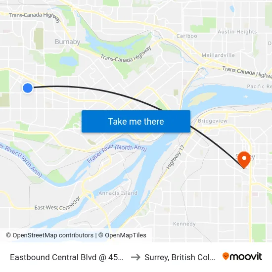 Eastbound Central Blvd @ 4500 Block to Surrey, British Columbia map