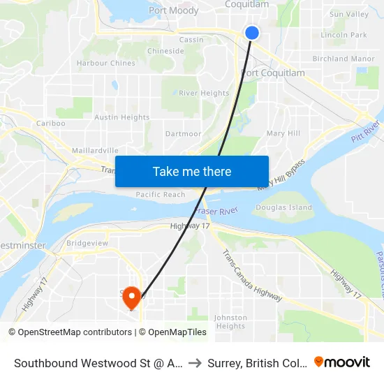 Southbound Westwood St @ Anson Ave to Surrey, British Columbia map