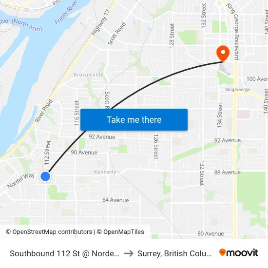 Southbound 112 St @ Nordel Way to Surrey, British Columbia map
