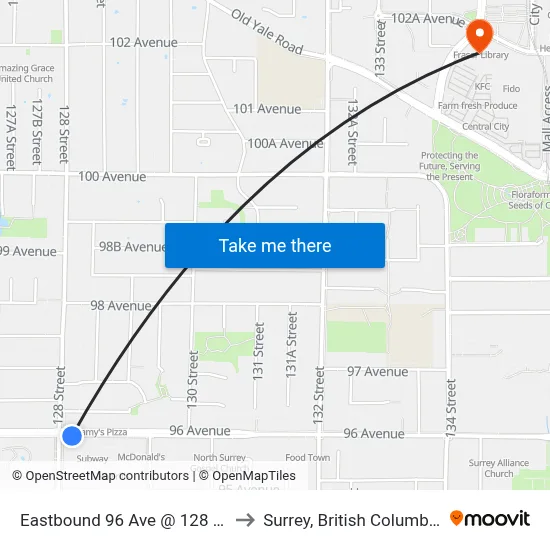 Eastbound 96 Ave @ 128 St to Surrey, British Columbia map