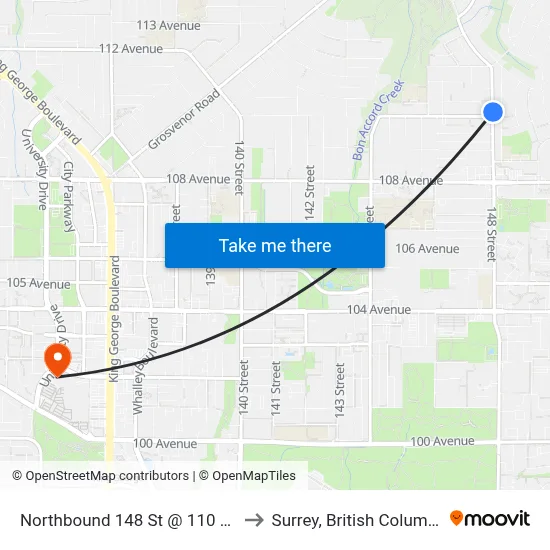 Northbound 148 St @ 110 Ave to Surrey, British Columbia map