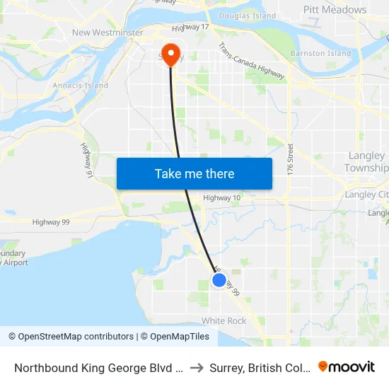 Northbound King George Blvd @ 152 St to Surrey, British Columbia map