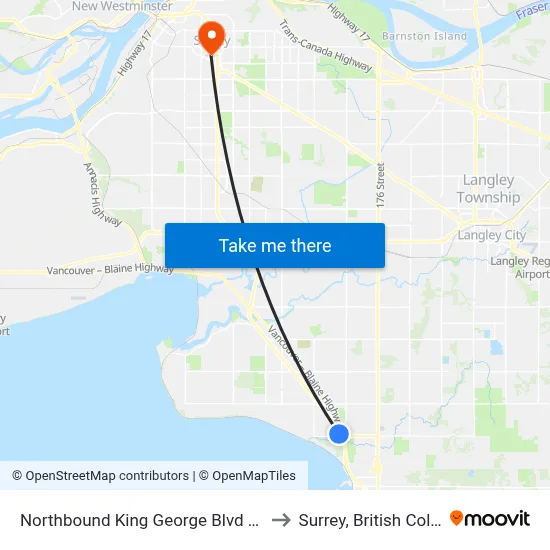 Northbound King George Blvd @ 8th Ave to Surrey, British Columbia map