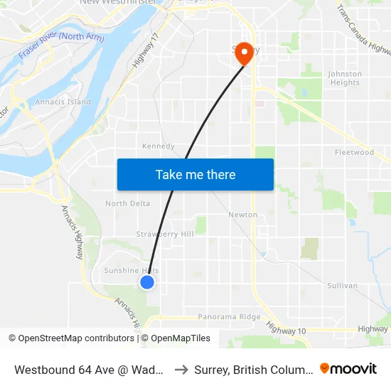 Westbound 64 Ave @ Wade Rd to Surrey, British Columbia map