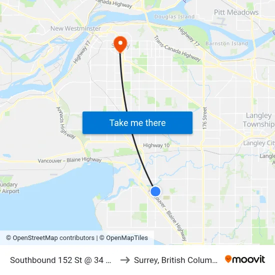 Southbound 152 St @ 34 Ave to Surrey, British Columbia map