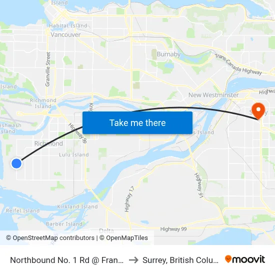 Northbound No. 1 Rd @ Francis Rd to Surrey, British Columbia map