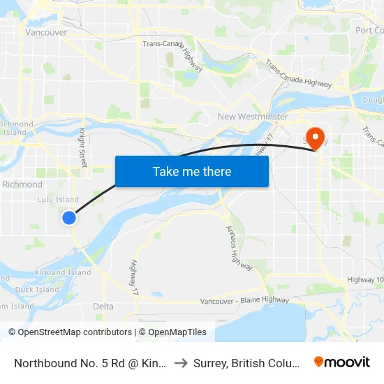 Northbound No. 5 Rd @ King Rd to Surrey, British Columbia map