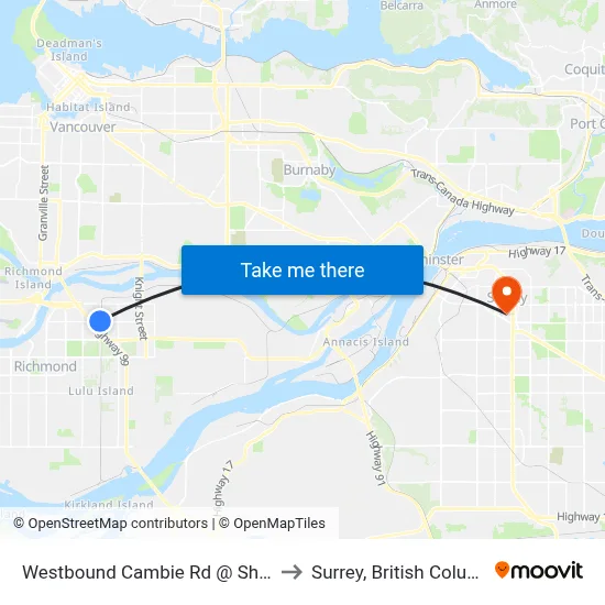 Westbound Cambie Rd @ Shell Rd to Surrey, British Columbia map