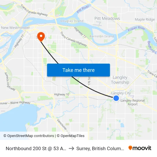 Northbound 200 St @ 53 Ave to Surrey, British Columbia map