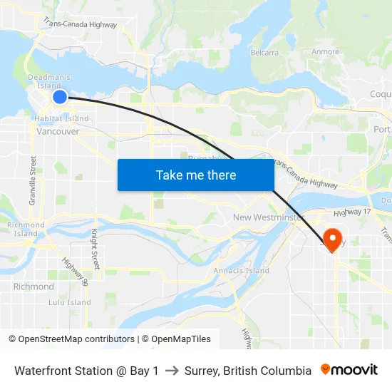 Waterfront Station @ Bay 1 to Surrey, British Columbia map