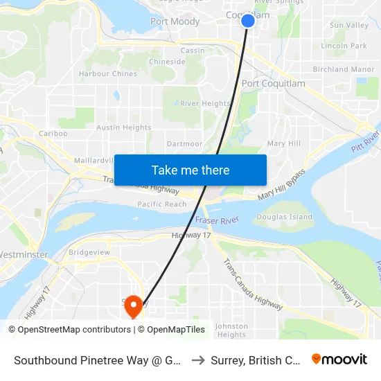 Southbound Pinetree Way @ Guildford Way to Surrey, British Columbia map