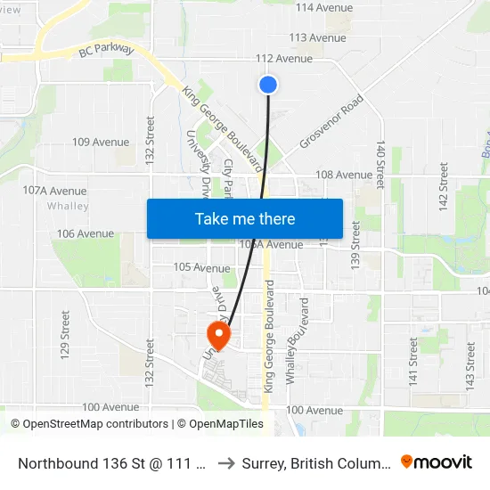 Northbound 136 St @ 111 Ave to Surrey, British Columbia map