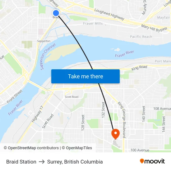 Braid Station to Surrey, British Columbia map