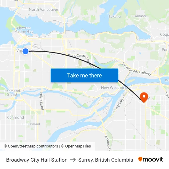 Broadway-City Hall Station to Surrey, British Columbia map