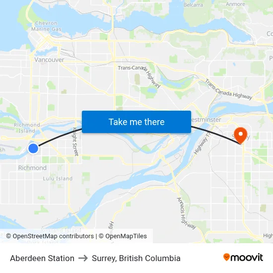 Aberdeen Station to Surrey, British Columbia map