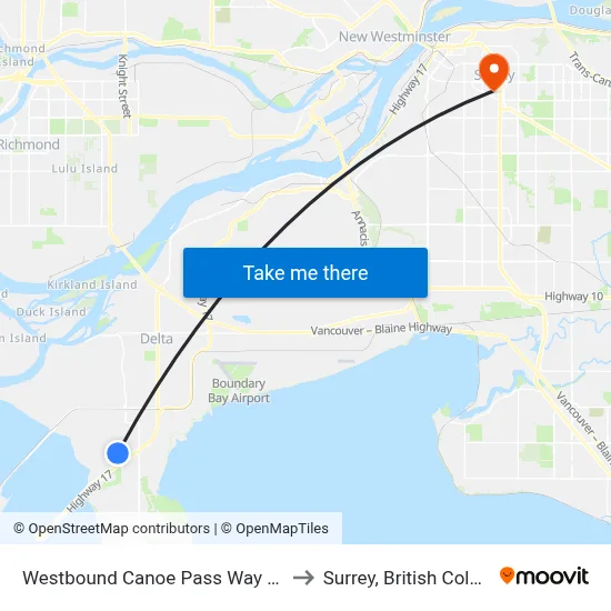 Westbound Canoe Pass Way @ 52 St to Surrey, British Columbia map