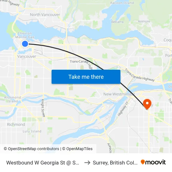 Westbound W Georgia St @ Seymour St to Surrey, British Columbia map