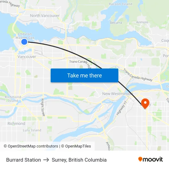 Burrard Station to Surrey, British Columbia map