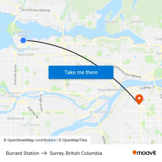 Burrard Station to Surrey, British Columbia map
