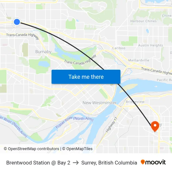 Brentwood Station @ Bay 2 to Surrey, British Columbia map