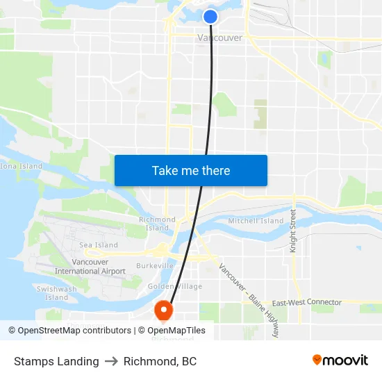 Stamps Landing to Richmond, BC map