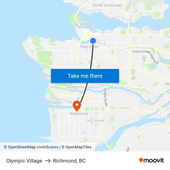 Olympic Village to Richmond, BC map