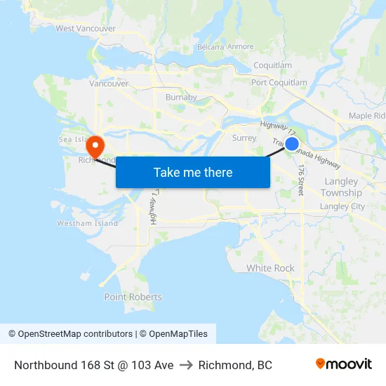 Northbound 168 St @ 103 Ave to Richmond, BC map