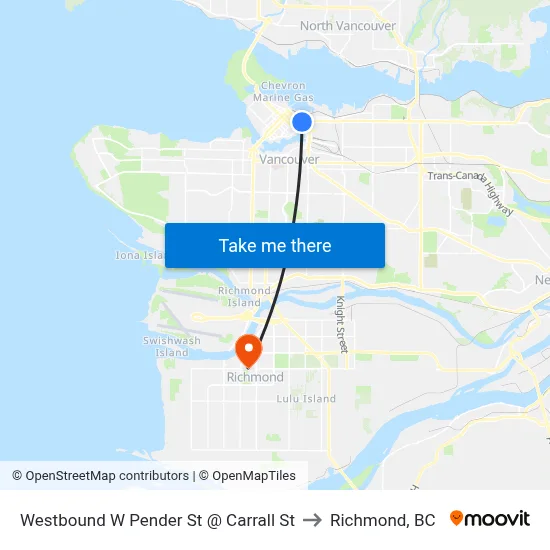 Westbound W Pender St @ Carrall St to Richmond, BC map